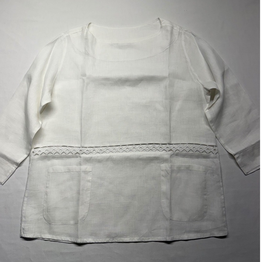Italian Linen White Tunic Top US 4 IT 38 Sheer Lace Inset Pockets Made Italy